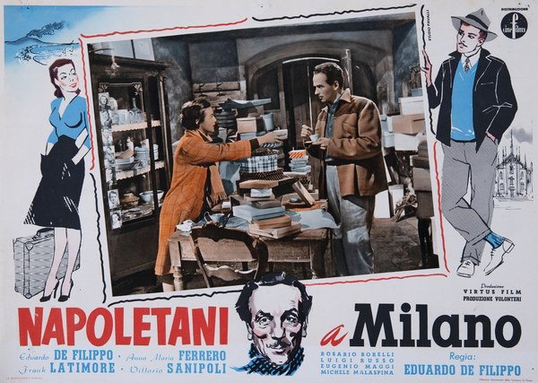 Lobby Card 3 for the film Neopolitans in Milan (1953), painted by Studio Favalli