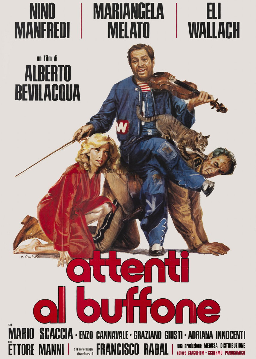 Manifesto 3 per il film Attenti al buffone (1975), dipinto da Averardo Ciriello