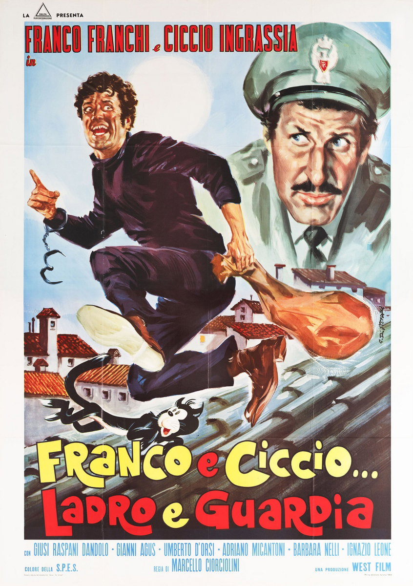 Manifesto 2 per il film Franco e Ciccio... Ladro e Guardia (1969), dipinto da Giovanni Di Stefano
