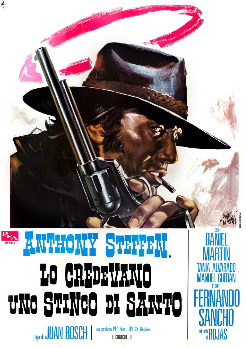 Manifesto 2 per il film Lo credevano uno stinco di santo (1972), dipinto da Sandro Simeoni (Symeoni)