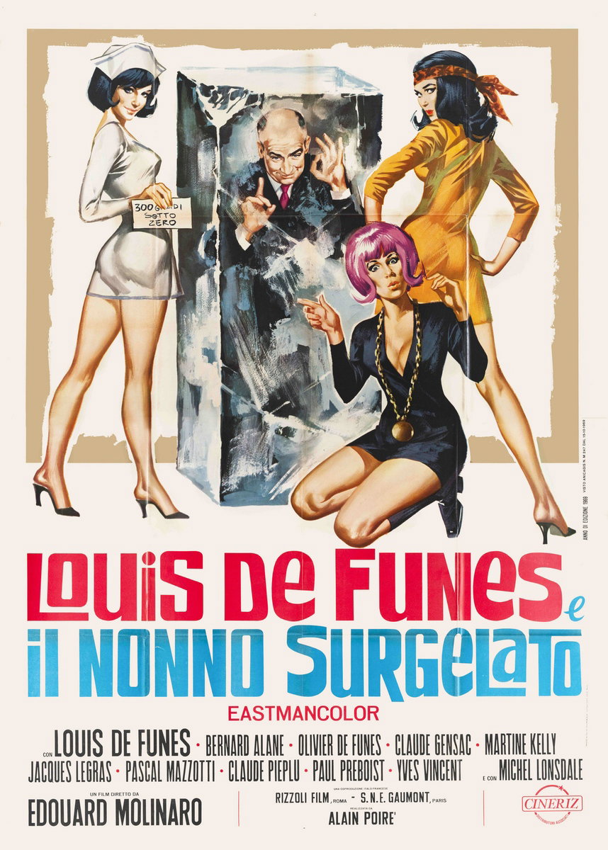 Manifesto 2 per il film Louis de Funes e il nonno surgelato (1969), dipinto da Sandro Simeoni (Symeoni)