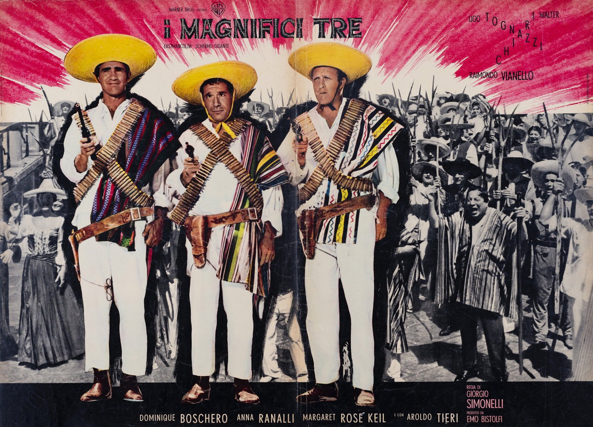 Fotobusta 3 per il film I magnifici tre (1961), dipinto da Renato Ferrini