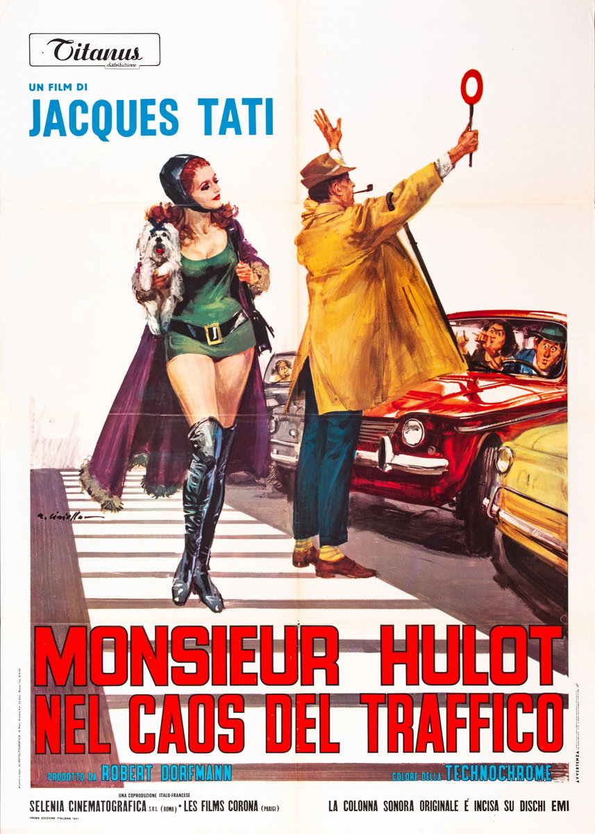 Manifesto 2 per il film Monsieur Hulot nel caos del traffico (1971), dipinto da Averardo Ciriello