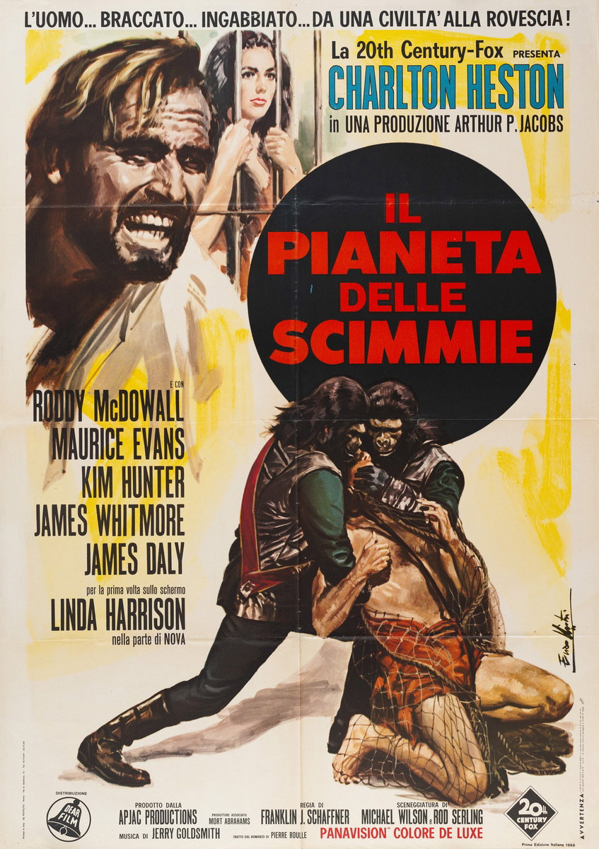 Manifesto 2 per il film Il pianeta delle scimmie (1968), dipinto da Lorenzo Nistri (Enzo)