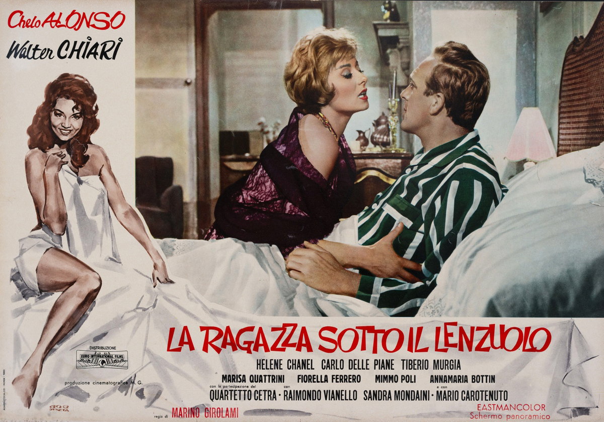 Lobby Card 2 for the film Girl Under the Sheet (1961), painted by Roberto De Seta (Bob)