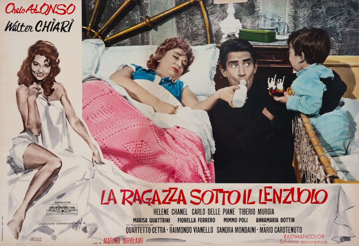 Fotobusta 3 per il film La ragazza sotto il lenzuolo (1961), dipinto da Roberto De Seta (Bob)