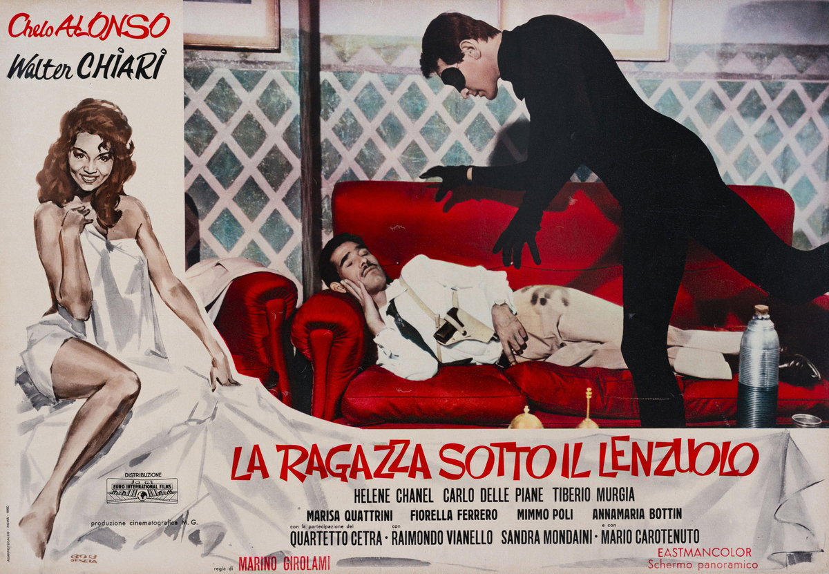 Fotobusta 4 per il film La ragazza sotto il lenzuolo (1961), dipinto da Roberto De Seta (Bob)