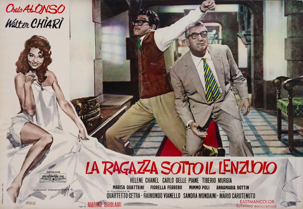 Fotobusta 5 per il film La ragazza sotto il lenzuolo (1961), dipinto da Roberto De Seta (Bob)