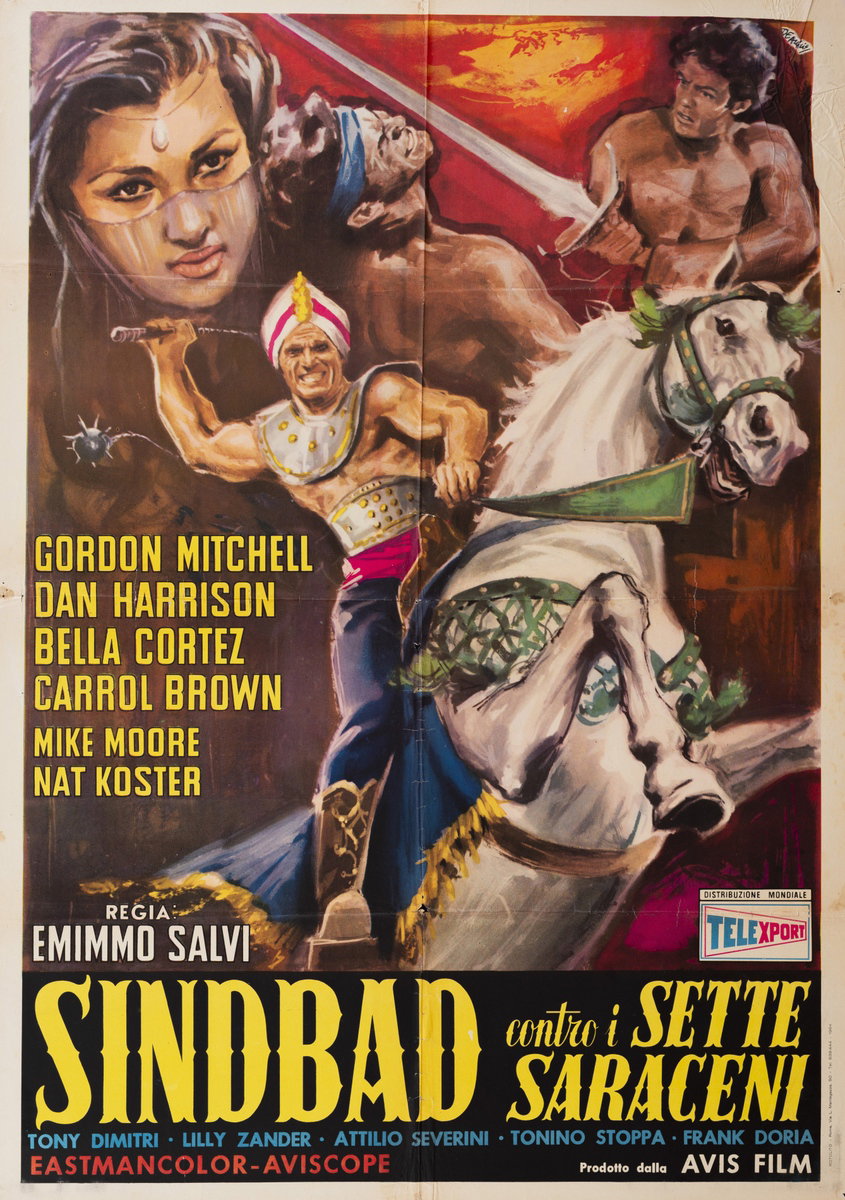 Manifesto 2 per il film Sindbad contro i sette Saraceni (1964), dipinto da Arnaldo De Amicis (Aldo)