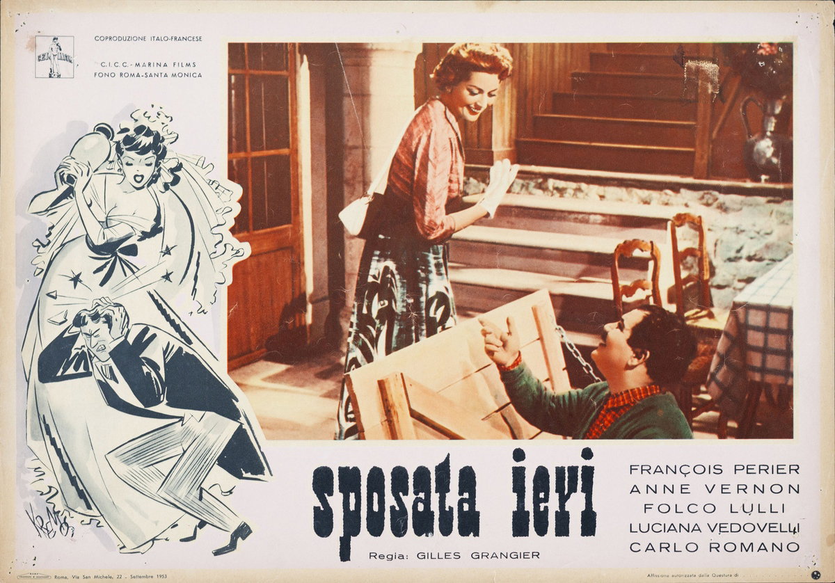 Fotobusta 4 per il film Sposata ieri (1953), dipinto da Niso Ramponi (Kremos)