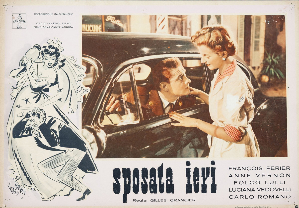 Lobby Card 2 for the film Jeunes mariés (1953), painted by Niso Ramponi (Kremos)