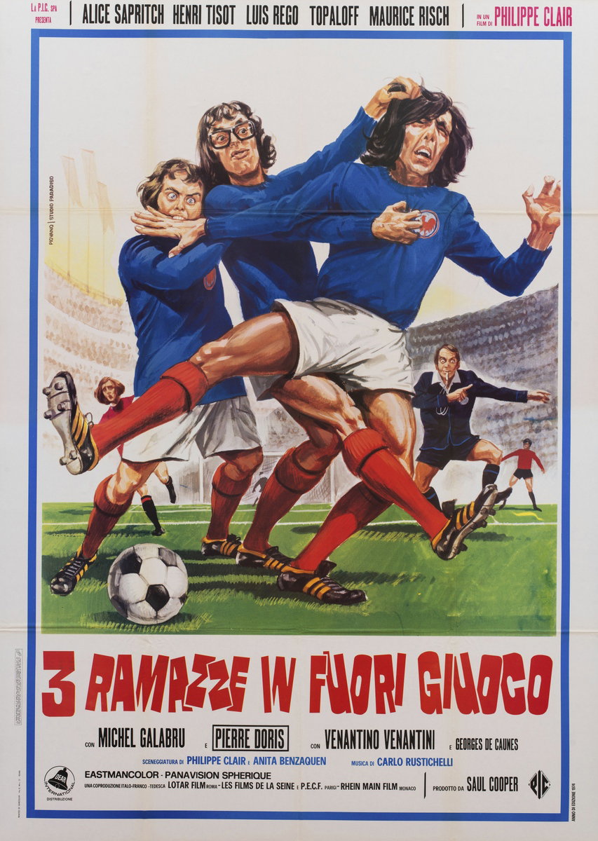 Manifesto 2 per il film Tre ramazze in fuori gioco (1974), dipinto da Mario Piovano