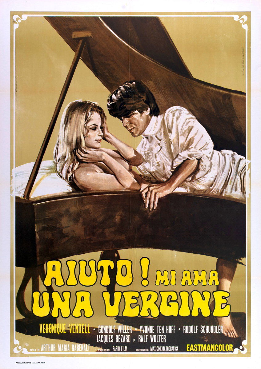 Manifesto 2 per il film Aiuto! mi ama una vergine (1970), dipinto da Mario Piovano