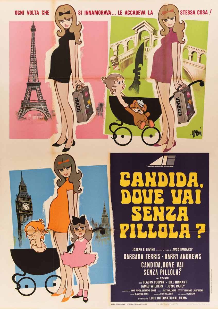 Manifesto 2 per il film Candida, dove vai senza pillola? (1969), dipinto da Sandro Simeoni (Symeoni)