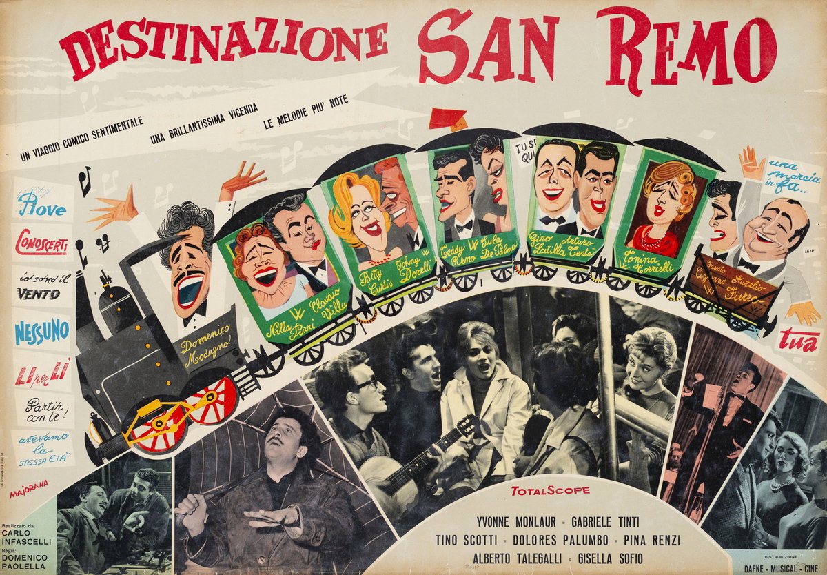 Fotobusta 2 per il film Destinazione Sanremo (1959), dipinto da Michele Majorana (Maiorana)