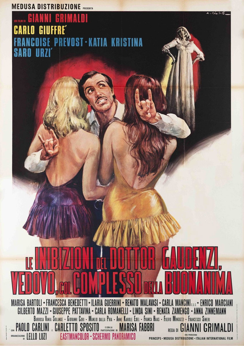 Poster 2 for the film Le inibizioni del dottor Gaudenzi, vedovo col complesso della buonanima (1971), painted by Averardo Ciriello