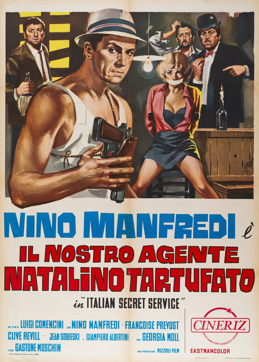 Manifesto 2 per il film Il nostro agente Natalino Tartufato (1968), dipinto da Sandro Simeoni (Symeoni)