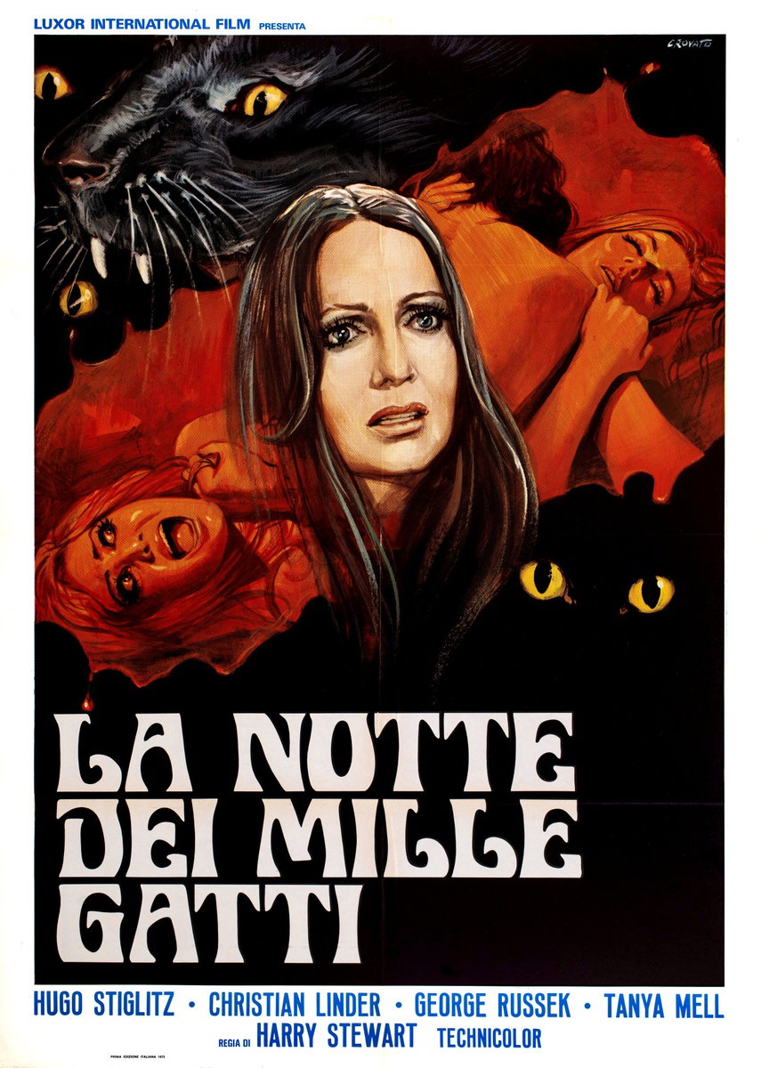 Manifesto 2 per il film La notte dei mille gatti (1975), dipinto da Luciano Crovato