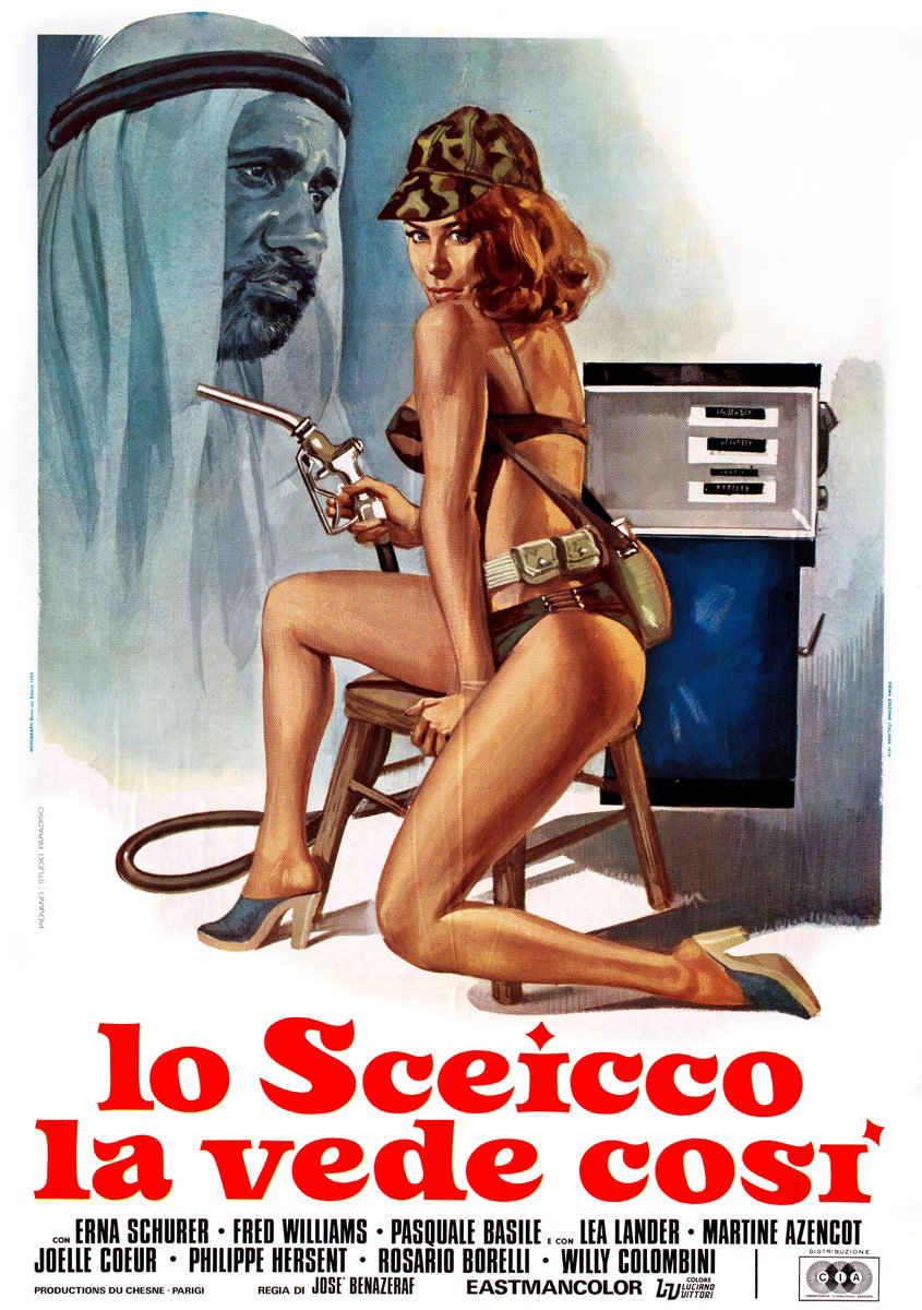 Manifesto 2 per il film Lo sceicco la vede così' (1976), dipinto da Mario Piovano