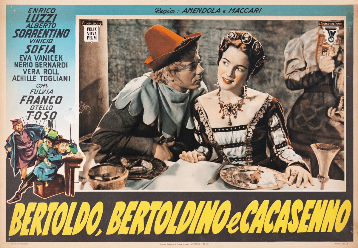 Fotobusta 3 per il film Bertoldo, Bertoldino e Cacasenno (1954), dipinto da M. Seba