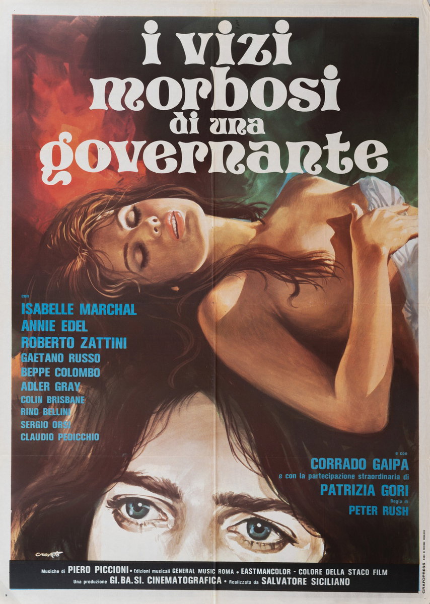 Poster 4 for the film I vizi morbosi di una governante - Gli occhi verdi della morte (1977), painted by Luciano Crovato