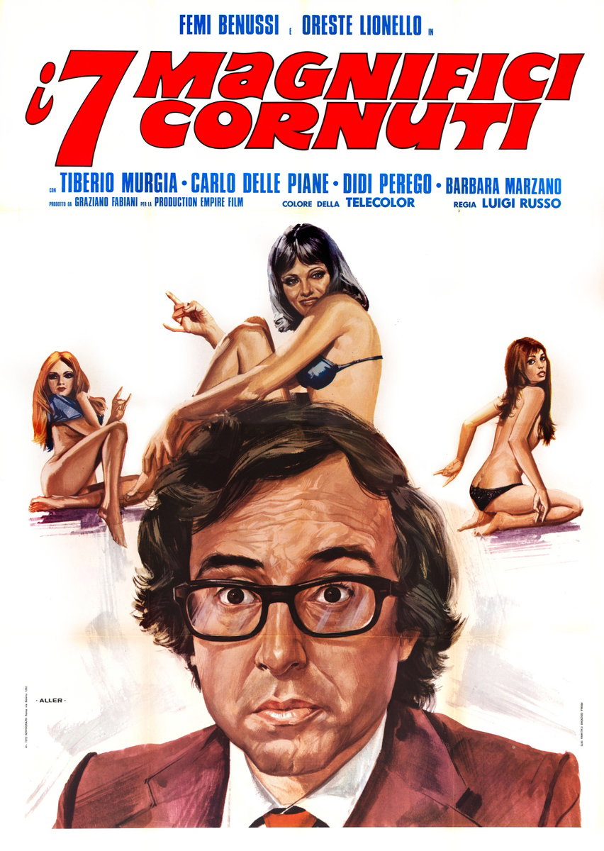 Manifesto 2 per il film I 7 magnifici cornuti (1974), dipinto da Giovanni Alessandri (Aller)