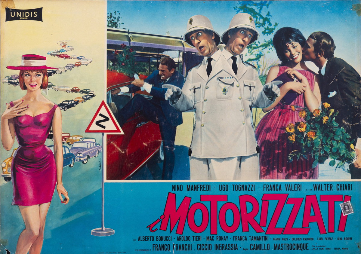 Fotobusta 3 per il film I motorizzati (1962), dipinto da Marcello Colizzi