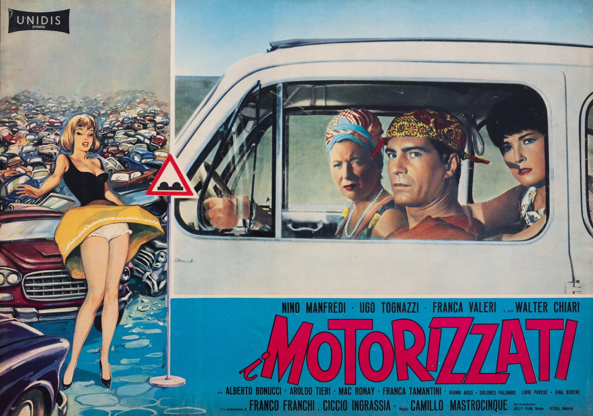 Fotobusta 5 per il film I motorizzati (1962), dipinto da Marcello Colizzi