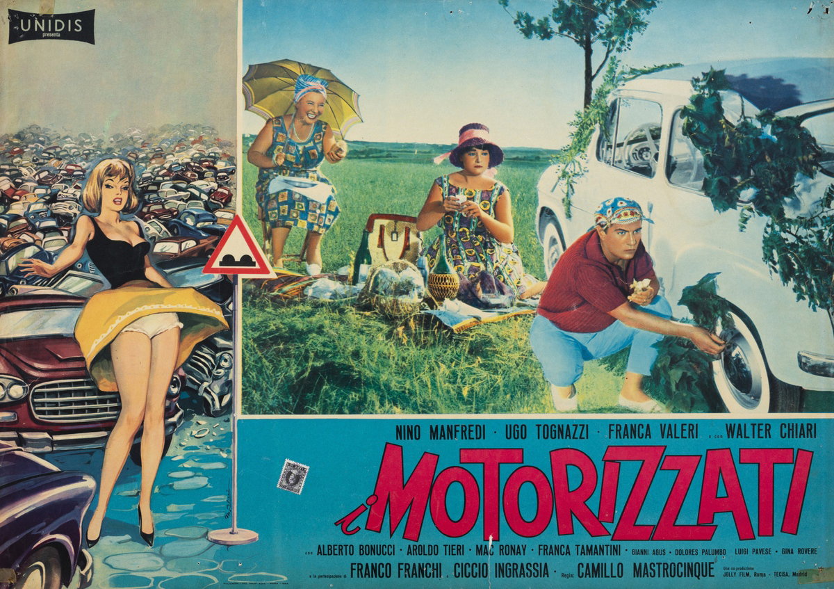 Fotobusta 7 per il film I motorizzati (1962), dipinto da Marcello Colizzi