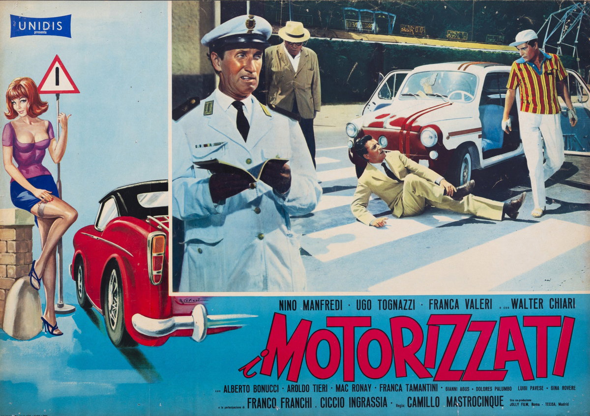 Fotobusta 8 per il film I motorizzati (1962), dipinto da Marcello Colizzi