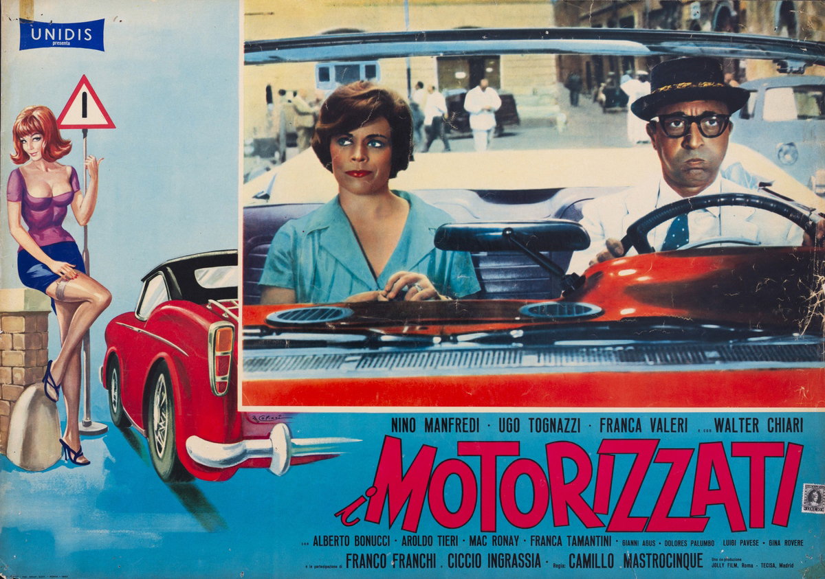 Fotobusta 9 per il film I motorizzati (1962), dipinto da Marcello Colizzi