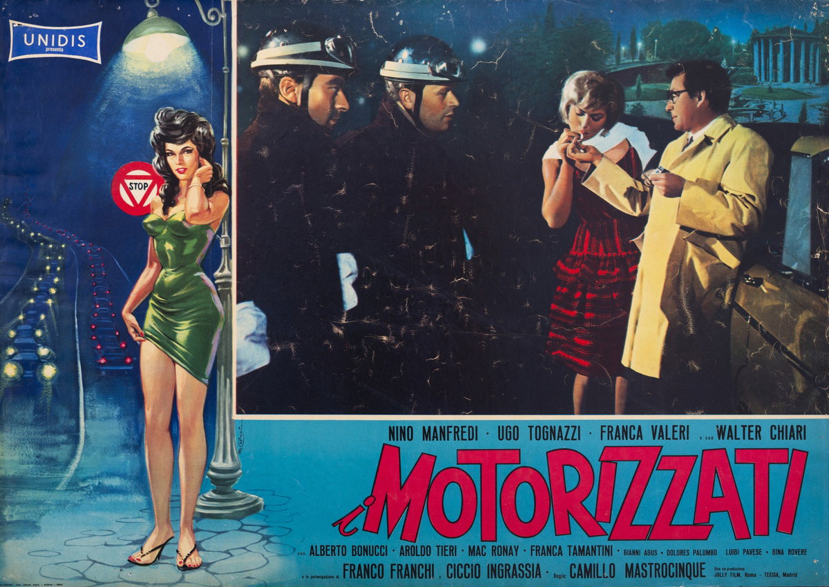 Fotobusta 10 per il film I motorizzati (1962), dipinto da Marcello Colizzi
