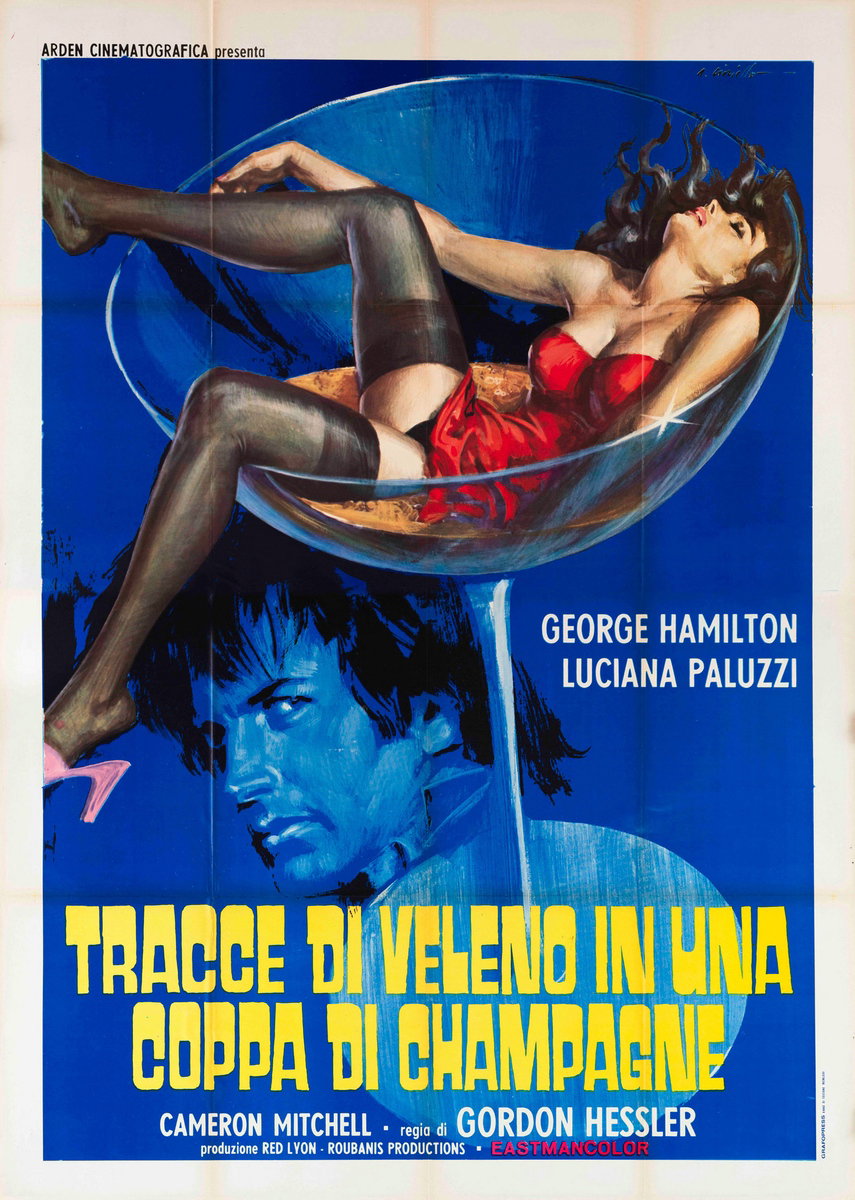 Manifesto 2 per il film Tracce di veleno in una coppa di champagne (1973), dipinto da Averardo Ciriello