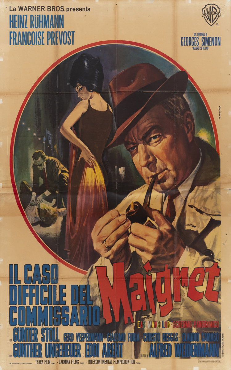 Manifesto 2 per il film Il caso difficile del commissario Maigret (1966), dipinto da Renato Casaro (Renè)