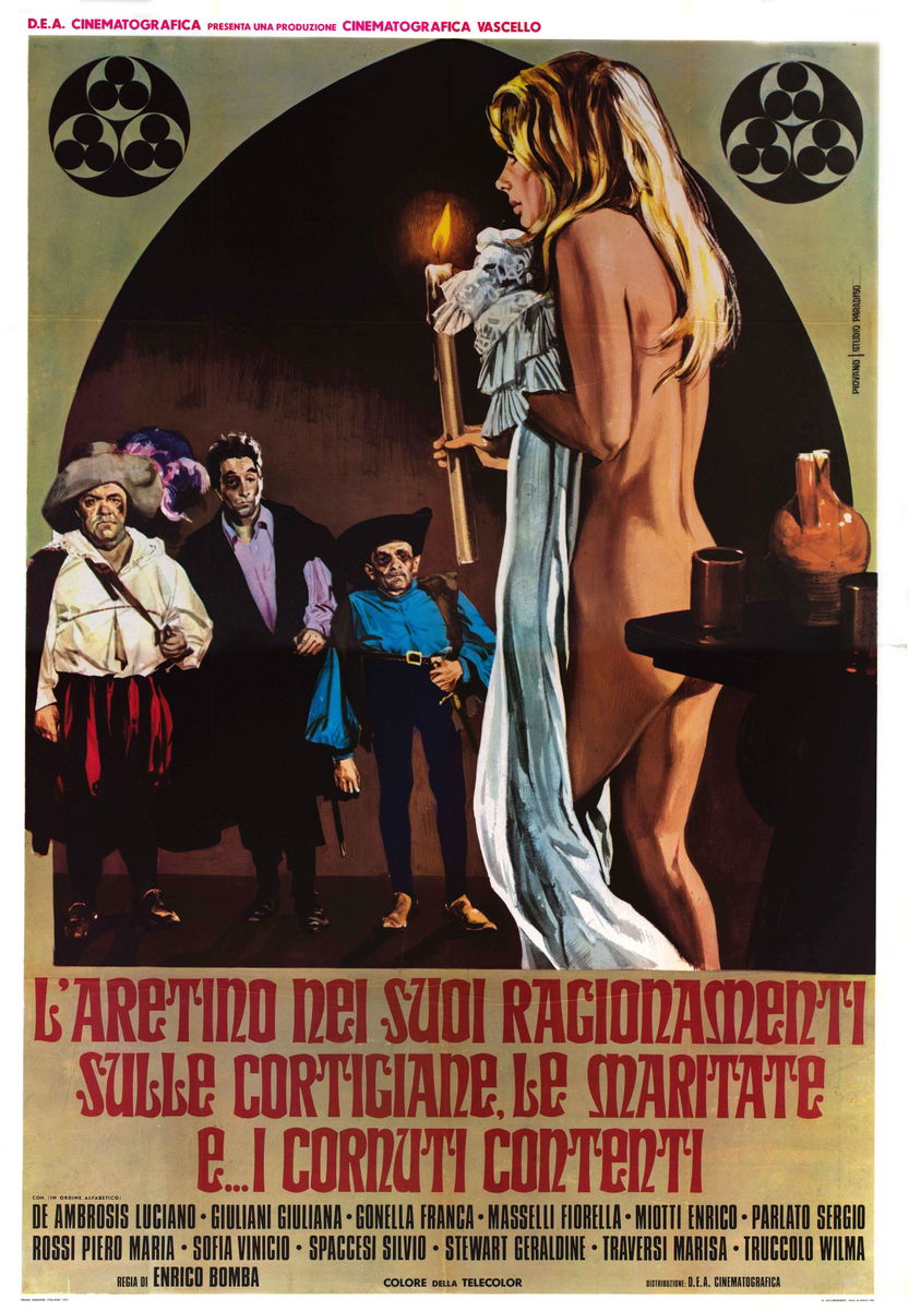 L'Aretino nei suoi ragionamenti sulle cortigiane, le maritate e... i cornuti contenti - Manifesto 1