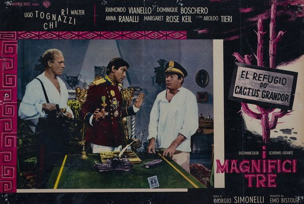 Fotobusta 16 per il film I magnifici tre (1961), dipinto da Renato Ferrini