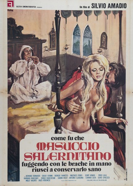 Manifesto 3 per il film Come fu che Masuccio Salernitano, fuggendo con le brache in mano, riuscì a conservarlo sano (1972), dipinto da Basilio Morini