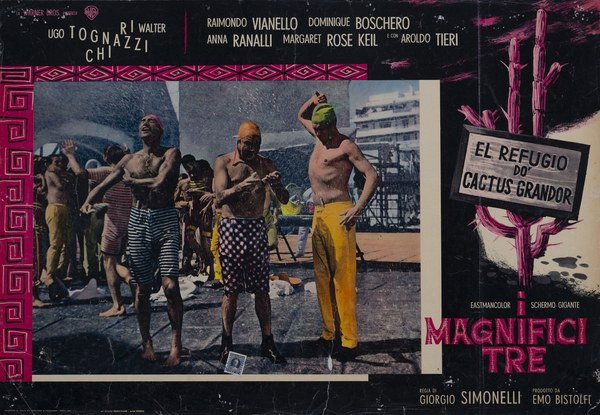 Fotobusta 10 per il film I magnifici tre (1961), dipinto da Renato Ferrini
