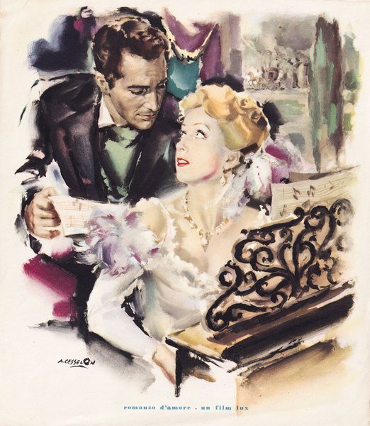 Fotobusta 2 per il film Romanzo d'amore (1950), dipinto da Angelo Cesselon
