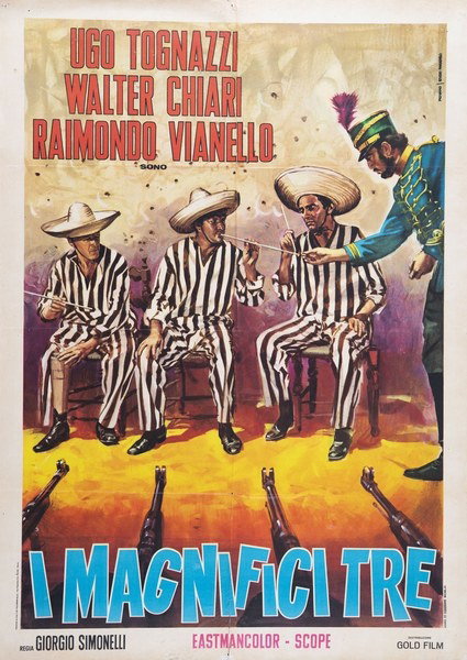 Manifesto 5 per il film I magnifici tre (1961), dipinto da Mario Piovano