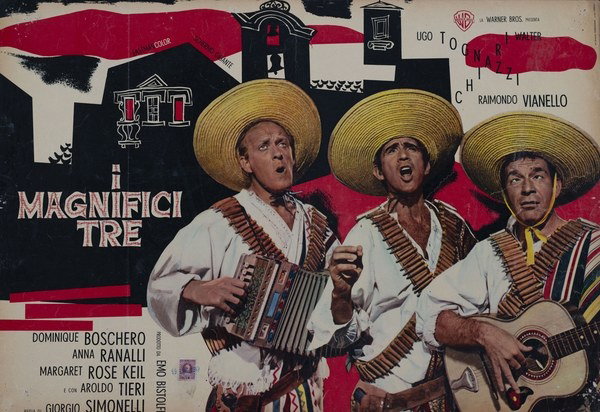 Fotobusta 15 per il film I magnifici tre (1961), dipinto da Renato Ferrini